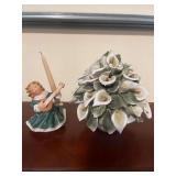 Porcelain Calla Lilies in Basket (Some Broken Flowers)and Gobel Weihnacht Angel Candleholder