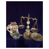 Ceramic Elephant, Marble and Brass Scales, Brass Ashtrays And Marble and Brass Dish