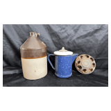 Antique chick feeder, jug