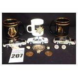 3 Mugs, 3 Die Cast Cars TN State Trooper Cars, Sherriff Mugs with Variety of pins, coins, emblems etc.