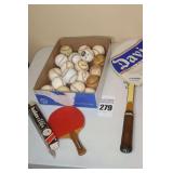 Box of Baseballs for practice, Tennis Racket with cover, Ping Pong balls & Paddle etc.