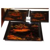 Vintage Vietnamese Black Lacquer Serving Trays with Village Scene