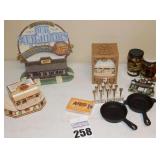 Variety of Vintage Cracker Barrel Items: 30 Year Display Plate (heavy), Wood Restaurant displays, Ornament, Cards, Salt & Pepper set, Game, 2 Iron Skillets (one ashtray)