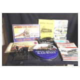 Variety of Train Items: CD Set of British Railways, Stocking Holder, Mini Train on Spike, Avon Train, Tin Sign & Variety of Magazine/Books etc.