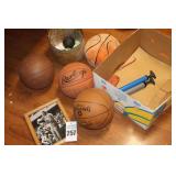 Variety of Basketballs (stuffed, vintage) Small balls, Handpumps, Framed and signed Bobby Knight Picture etc.