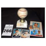 Micky Mantl Baseball in case on stand (signed) & Variety of Micky Manel Baseball Cards