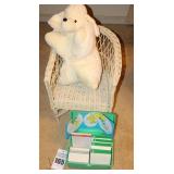 Variety of Kid items (some vintage): Wicker style kid/doll chair, Stuffed Animals/Pillow, Set of Wildlife Treasure Cards