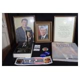 Variety of Ronald Regan Items: Coffee Table Books, Pictures, Framed Inaugural Invitation,  Buttons etc.