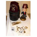 Variety of Masonic Items: Hat in case, Pins, Watch, Cuff links, Tie Clasp, Man, 2 serving Knives etc.