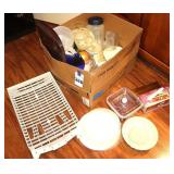 Variety of plastic storage/Kitchen items: Pie carrier, Pitchers, Measuring cups, Drying Rack, Some Tupperware, cookie sheet bowls etc.