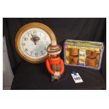 Vintage Items: Round Wood framed Copenhagen Snuff Quartz Wall Clock, Field & Stream Gift Set - Chili Set with chili mix and 4 mugs (still sealed) & Unique crochet cover liquor bottle cover