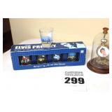 2 Vintage Elvis Presley Collector Items:  "King of Rock & Roll" Shot Glasses - set of 4 plus one & Music Pocket Watch with Portrait of Elvis Plays "Love Me Tender" in Watch Dome Container