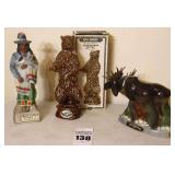 3 Vintage Liquor Decanters:1968 Ezra Brooks "Standing Grizzly Bear" in original Box - ceramic, 1969 Lionstone "Proud Indian" Western/Native American - Porcelain &1972 Ezra Brooks Limited Edition Moose
