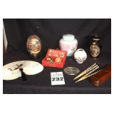Variety of Asian Inspired Items: Music Stress Balls, 24Kt Accent Vase, Egg on Stand, Fan, Lidded Jar etc.