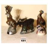 3 Vintage Liquor Decanters: 1971 Jim Beam "Fabulous Wyoming Jackalope" porcelain, 1972 Ezra Brooks Limited Edition Moose - porcelain (antlers have been glued), & 1976 Wild Turkey "Spirit of 