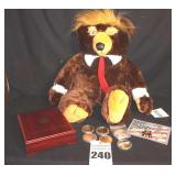 Collection of a variety of Donald Trump collector Coins and additional Items: Set of Coins in Case, Trumpy Bear with certificate, Additional Coins  with Trump etc.