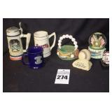 Variety of Baseball Items: Babe Ruth Stein, Water Globe/Music Box (Take me Out to the Ball game), Mugs, Basket with baseballs etc.