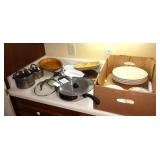 Variety of Kitchen Items; Plates, Platters, Skillet, Pots, Pans etc.