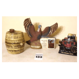3 Vintage Liquor Decanters: 1976 Old Mr. Boston "Concord Coach" by Royal Haliburton (shaped as stagecoach) - ceramic/porcelain, Whisky Barrell shaped Decanter, & 1979 Wild Turkey "Flying Turkey" Serie