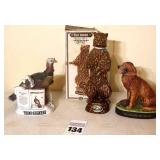 3 Vintage Liquor Decanters: 1968 Ezra Brooks "Stading Grizzly Bear" in original Box - ceramic, 1980 Wild Turkey Lore by Austin Nichols Winter No.2 - porcelain, & 1979 Commonwealth "Golden Retriever" w
