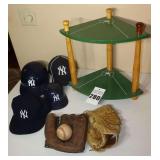 Baseball Corner Table/Shelf (17"x16"x15"), Older Glove & ball & 4 NY Caps/hat