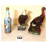 3 Vintage Liquor Decanters: Limited Edition Old Charter Ducks Unlimited -bottle,  1970 Limited Edition Wild Turkey No.4 - porcelain & 1979 rare Kentucky Whisky American Eagle No.1 on series - ceramic