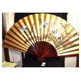 XL Vintage Chainages Wall Fan Gold-gilt Fabric Hand painted Crane & Flower Bamboo Folding Frame