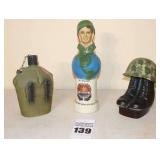 3 Vintage Jim Beam Liquor Decanters: 1975 AMVETS 31st National Convention soldier bust on globe - China, 1979 Army Canteen - Porcelain, & 1975 "Short Timer" Army boots with Helmet - ceramic