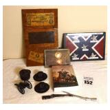 Variety of Civil War items: Framed "Confederate "Big Bullets" display, Confederate Money in frame and wall display, Iron cap, cannons & confederate Book etc.