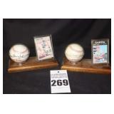 2 Baseball Collectable Displays: Tommy Johns Card & Signed Ball & Charles Taylor card & Signed Ball Mounted in base