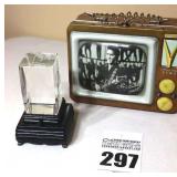 2 Vintage Elvis Presley Collector Items:  Metal TV  Tin Tote/Lunch Box by Vandor 1999  & 3-D Laser-Etched Glass Crystal Hologram Paper Weight with Light Base (no Batteries)