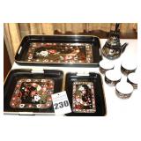 Vintage Japanese Black Lacquer 3 piece Serving Trays with Gold Accent, Peacock & Flowers & Vintage Japanese Black Porcelain Tea Set with Peacock Design and gold accent - Pot with side handle & 5 cups
