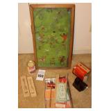 Variety of Vintage Kid items: "Poosh-M-Up" 1950 Big 5 Pinball Game, Auction game, View Master (no cards) etc.