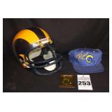 Riddell Replica LA Rams Helmet, Rams Cap & Robert Holcombe Rookie Card in sleeve