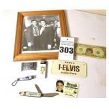 Variety of Elvis Presley Collector items: 2 Blade Pocket Knife, Lighter, Clippers, Licence, Dollar Bill, Johnny Cash Framed Poster etc.