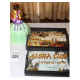 2 Wood Framed Hawaiian Serving Trays & Barbie Hawaiian Dancing Doll (No batteries - may roll and dance)