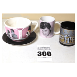 Vintage Elvis Presley Collector Items:   Oversized Mug with Hound Dog inside & Record Plate, & 2 Elvis Mugs