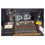 Variety of Coke items: Coke Pitcher, Mirrored Tray, 2 Christmas Mugs, Vintage Bottles etc.