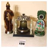 3 Vintage Jim Beam Liquor Decanters: 1972 King Kamehameha (1st king of Hawaii) 14" -ceramic, 1970 Liberty Bell Music Box - glass on plastic stand & 1972 Hawaiian Open Pro-Am (shaped like a pineapple) 