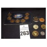 Vintage Woodworker Gold Tone Token Classic Collection USS Battle Ship, Liberty Bell, Planes, Flag etc. 7 Total & additional Metals/coins