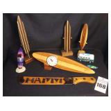 Variety of Hawaiian Surf Board Themed Items: Wood Display Surf Boards, Surf Board Clock, Van, Key Chain, Wood Knife etc.