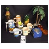 Variety of Hawaiian Items: Palm Tree Displays, Cups, Mugs, Coasters etc.