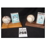 2 Baseball Collectable Displays: Nolan Ryan Card & Signed Ball & Ron Blomberg card & Signed Ball  mounted on base