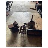 Heavy Duty Bench Vise, Vintage Pulley, Vintage Industrial Metal Funnel and Timex Alarm Clock