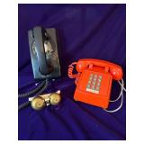 Vintage Orange ITT Touch Tone 2500, Western Electric Model 554 Black Rotary Wall Telephone and Bell Ringer