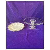 11” Pedestal Cake Plate and Milk Glass Egg Plate with Gold Trim