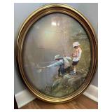 Vintage Picture from Home Interiors Featuring Man and Boy Fishing - 17”x22” Plastic Oval Frame