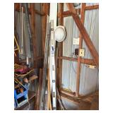 Salvage Lot - Garage Left Back Corner - Assorted Trims, Light Bulbs, Handles, Hard Hat and Levels Buyer Must Take All