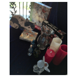 Assorted Box Puzzles, Vase, Battery Operated Candles, Wood Cat, Decorative Bottles