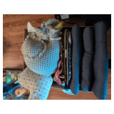 Assorted Pillows and Back Massager, Curtains